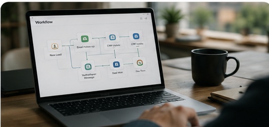 Business automation workflow connecting CRM and follow-ups